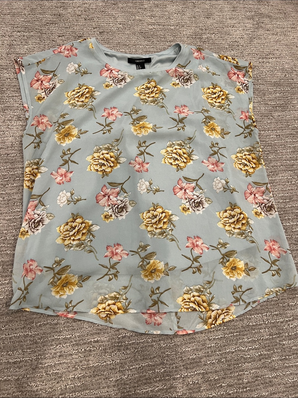 Light Blue Floral Cap-Sleeve Blouse - Yellow & Pink Roses